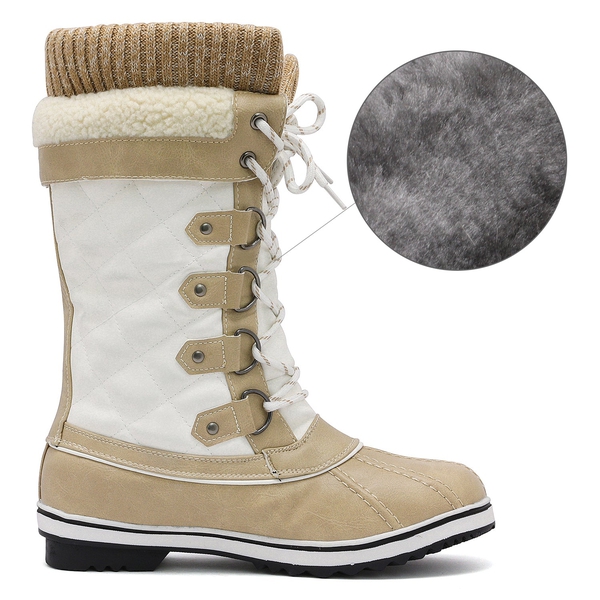 Lace Up Winter Fur Snow Boots - BEIGE WHITE - 4
